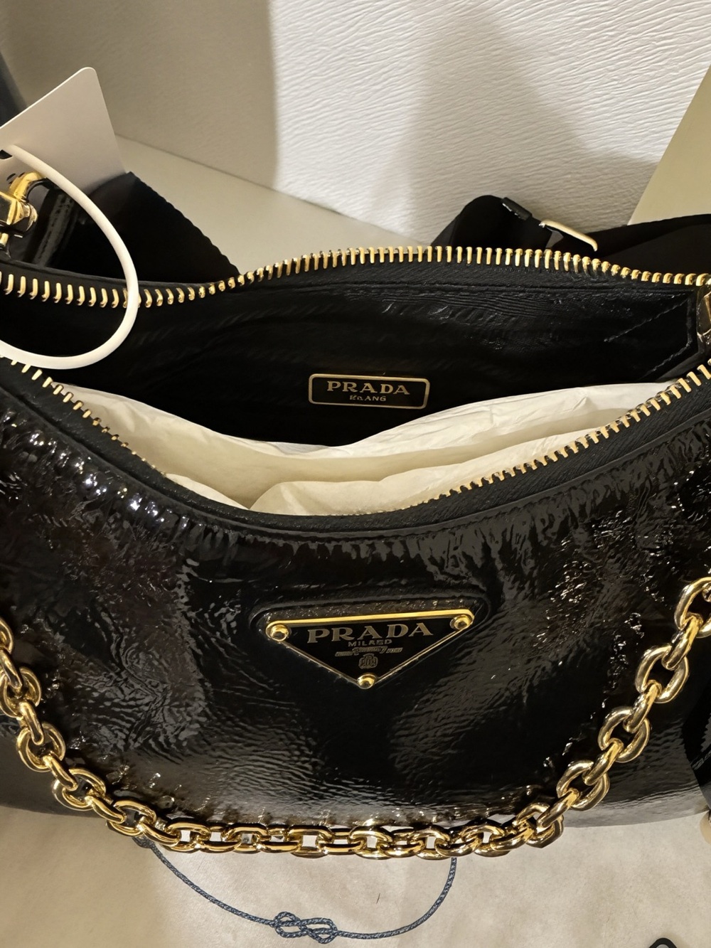 Prada Black Patent Leather Shoulder Bag with Gold Chain Strap - Picture 6 of 7